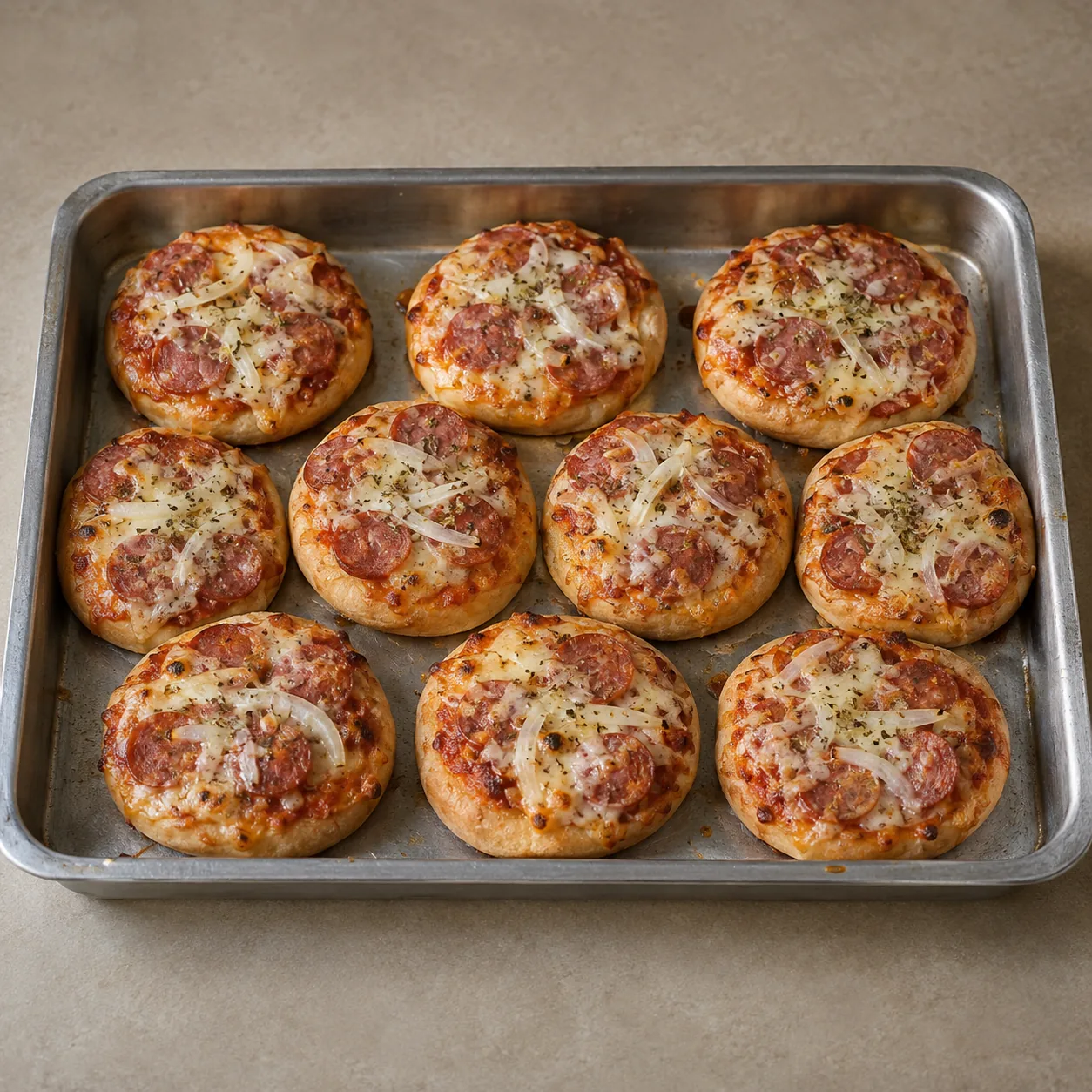 Bandeja com dez mini pizzas